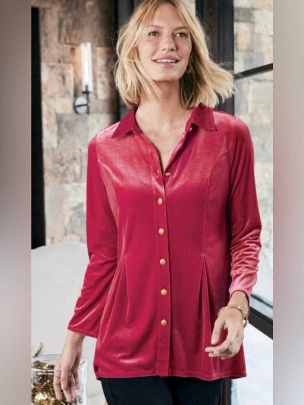 Soft Surroundings Enchanted Velvet Shirt Blouse Sangria Red XL Gold Buttons NWT